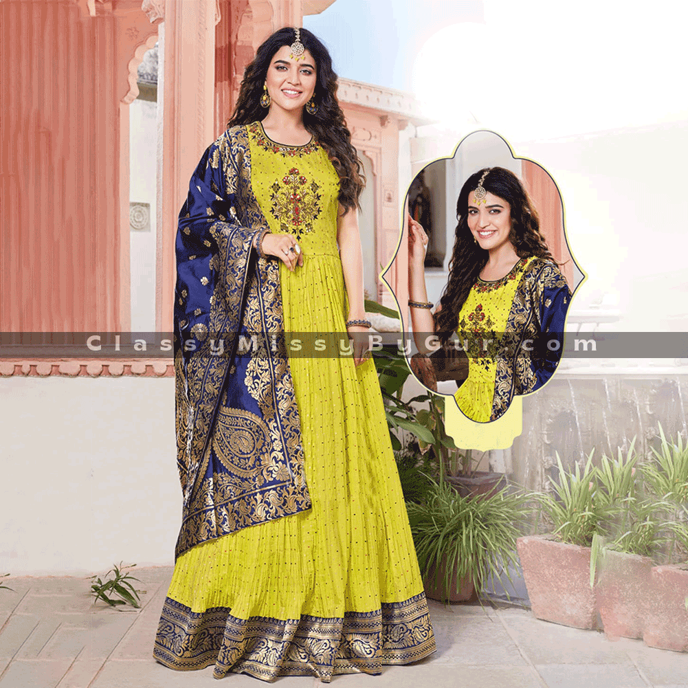 Yellow Ladies Designer Banarsi Dupatta Anarkali Suit at Rs 720 in Varanasi